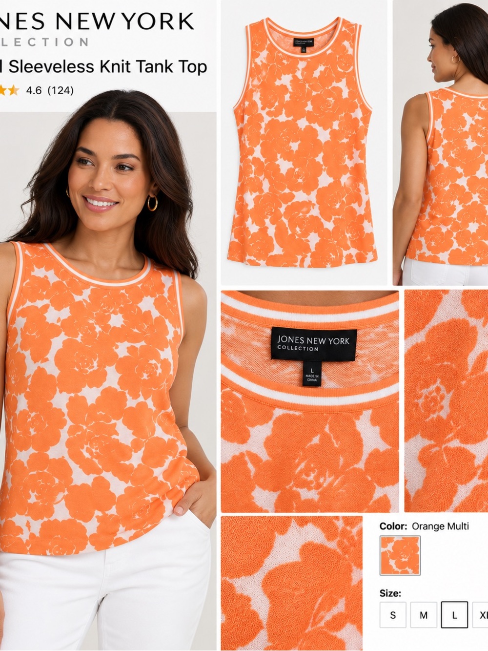 Jones New York Orange Floral Sleeveless Knit Tank